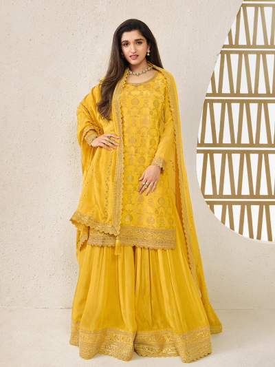 Jacquard chinon sharara suit in Yellow colour 66212